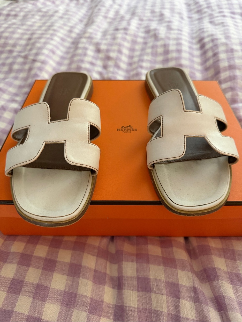 Hermes White Leather Oran Slide Sandals 8.5